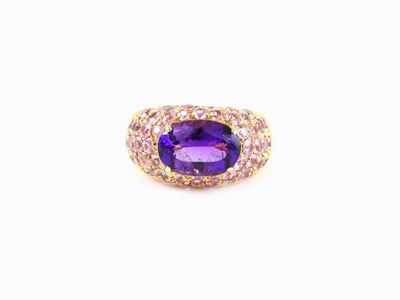 Anello in Oro Giallo, Zaffiri Rosa e Quarzo Ametista