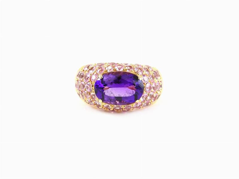 Anello in Oro Giallo, Zaffiri Rosa e Quarzo Ametista