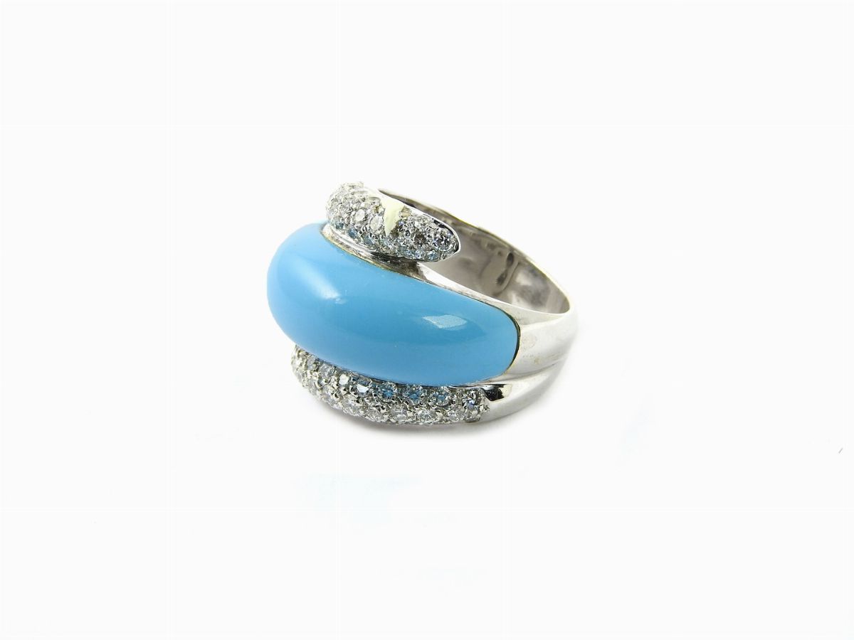 Anello in Oro Bianco, Diamanti e Turchese