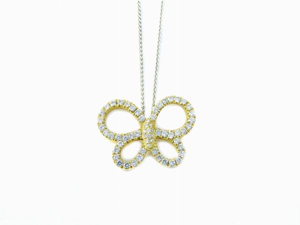 White gold wheat chain necklace with yellow gold and diamonds animalier-shaped pendant