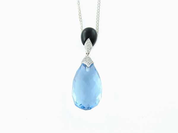 White gold double strand open cable chain necklace and pendant with diamonds, onyx and blue topaz