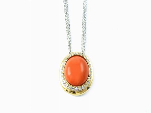 Three strands white gold open cable chain necklace with yellow gold, diamonds, orange coral pendant