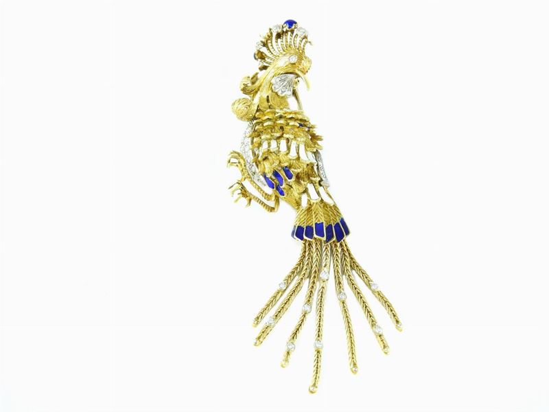 Spilla Animalier in Oro Giallo e Bianco, Smalti Policromi e Diamanti