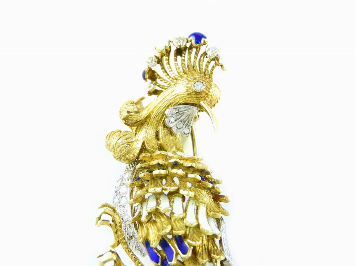 Spilla Animalier in Oro Giallo e Bianco, Smalti Policromi e Diamanti