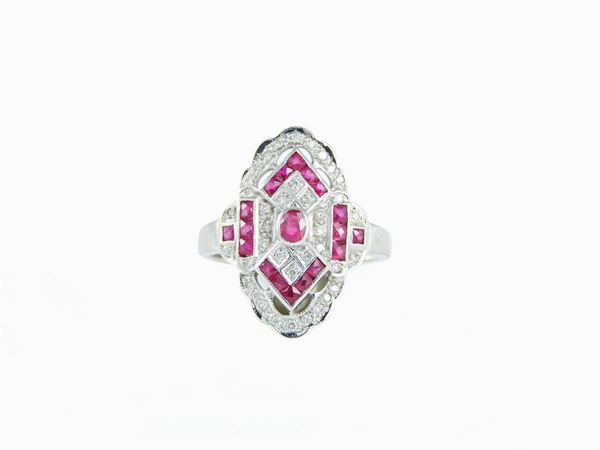 White gold panel ring with diamonds and rubies