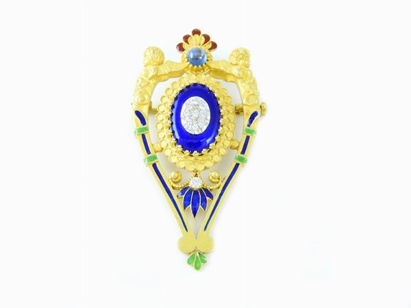 Spilla pendente in oro giallo, smalti policromi, diamanti e zaffiro