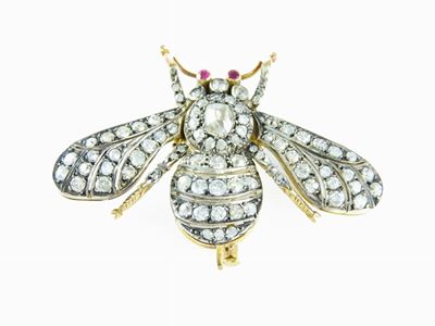 Spilla Animalier in Oro Giallo e Argento con Diamanti e Rubini