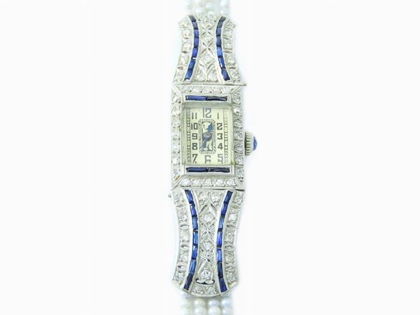 Platinum Abra Watch lady wristwatch with diamonds, pearls and sapphires