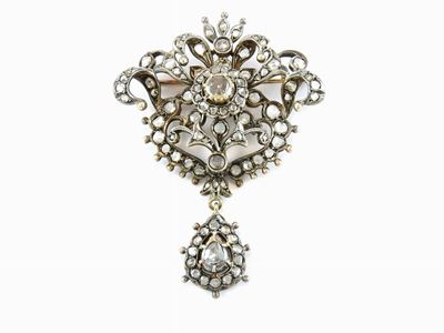 Spilla Pendente in Oro Giallo e Argento con Diamanti