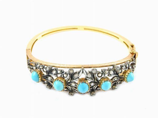 Yellow gold and silver bangle with diamonds and turquoises