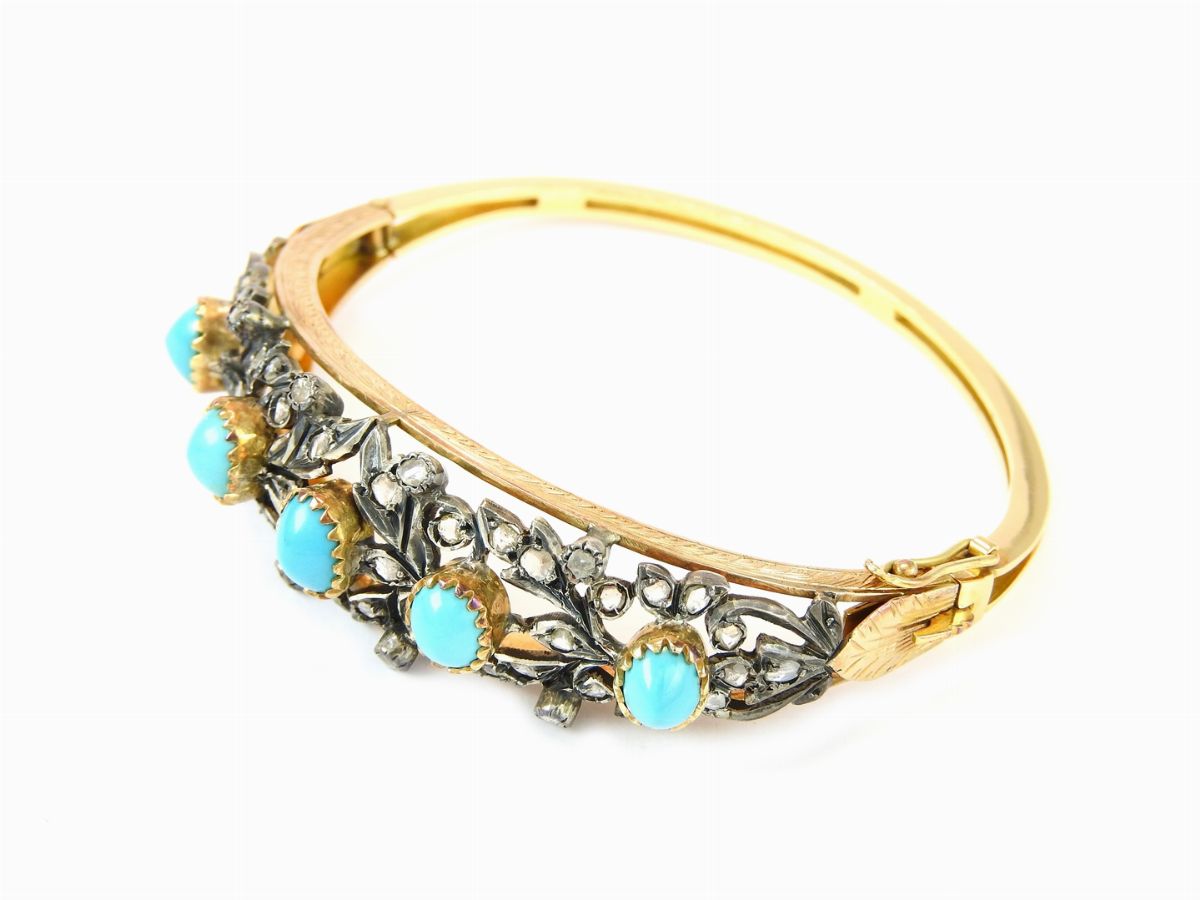 Bracciale Rigido in Oro Giallo e Argento, Diamanti e Turchesi