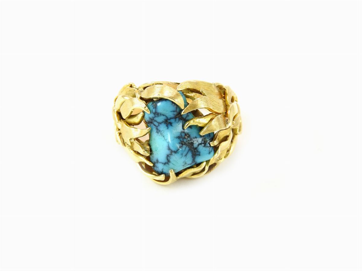 Demi Parure Anello e Spilla in Oro Giallo e Turchesi