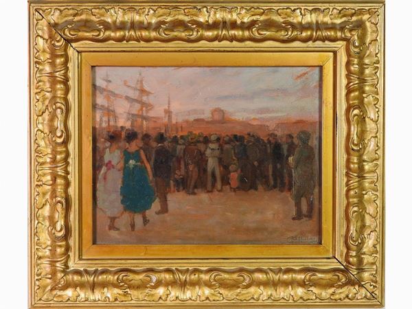 Cafiero Filippelli : View of a Port with Figures 1921  ((1889-1973))  - Auction Modern and Contemporary Art - III - Maison Bibelot - Casa d'Aste Firenze - Milano