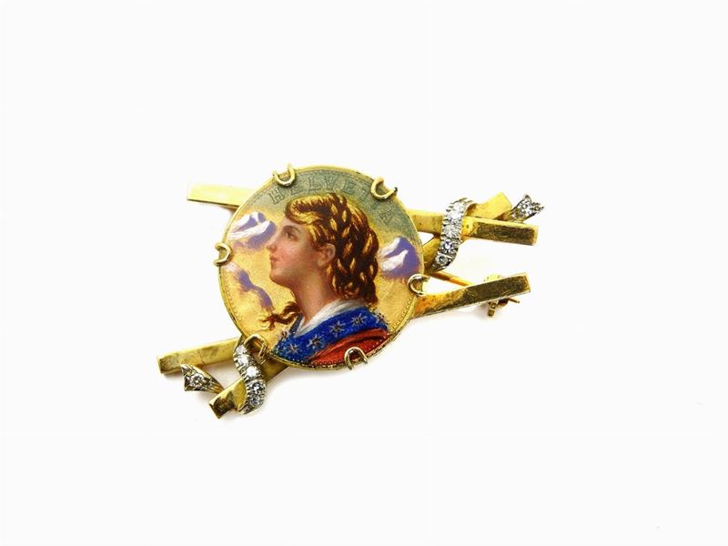 Spilla in Oro Giallo, Smalti Policromi e Diamanti