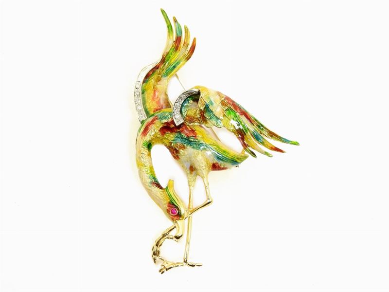Spilla Animalier in Oro Giallo, Smalti Policromi, Diamanti e Rubino