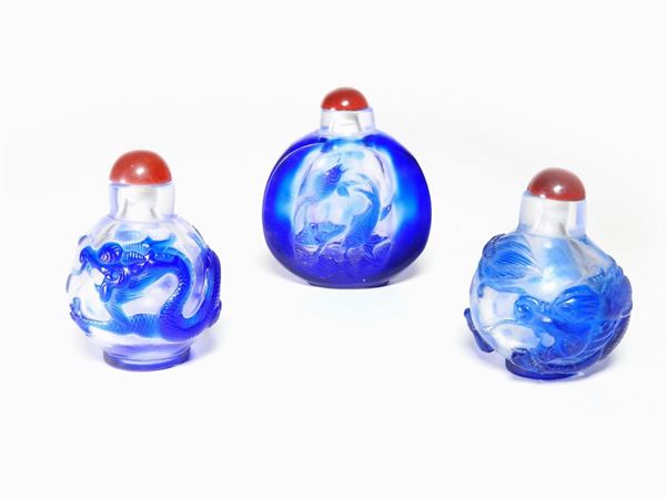 Three Blue Overlay Uncoloured Glass Snuff Bottles