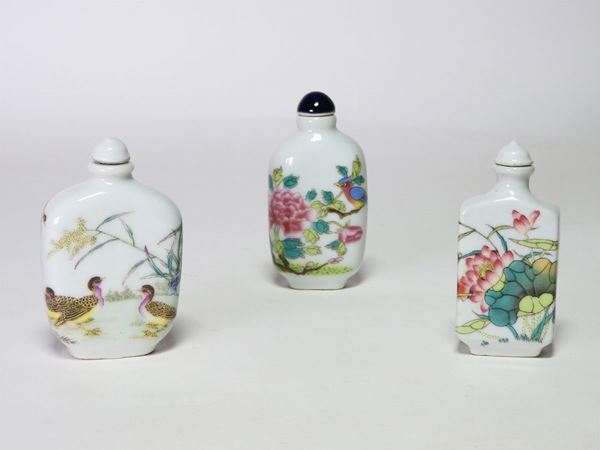Three Painted Porcelain Snuff Bottles