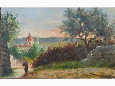 Scorcio di Strada con Figura e Veduta di Firenze sullo Sfondo