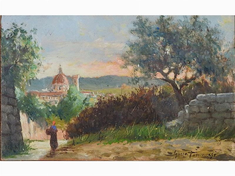 Gino Tommasi - Scorcio di Strada con Figura e Veduta di Firenze sullo Sfondo
