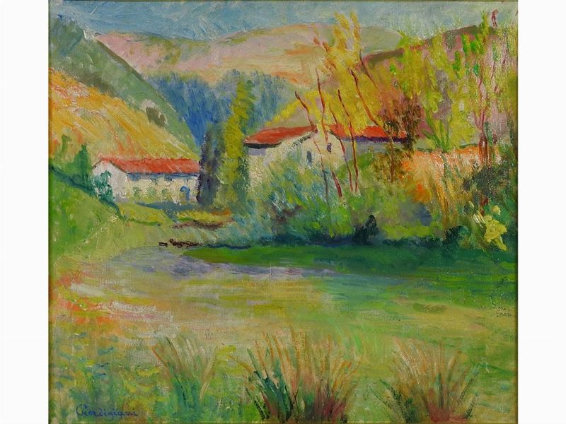 Edoardo Gordigiani - Paesaggio Fluviale con Veduta di Case