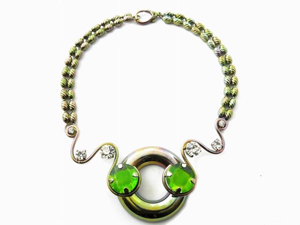 Iridescent metal, glass and rhinestones necklace, Sharra Pagano