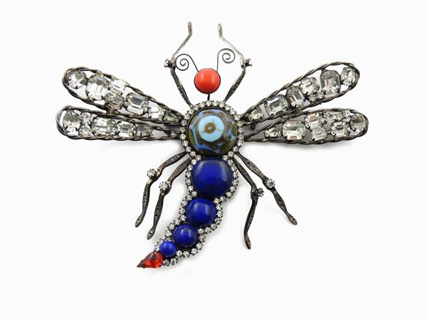 Dragonfly burnished metal, glass and rhinestones brooch, Moans Couture