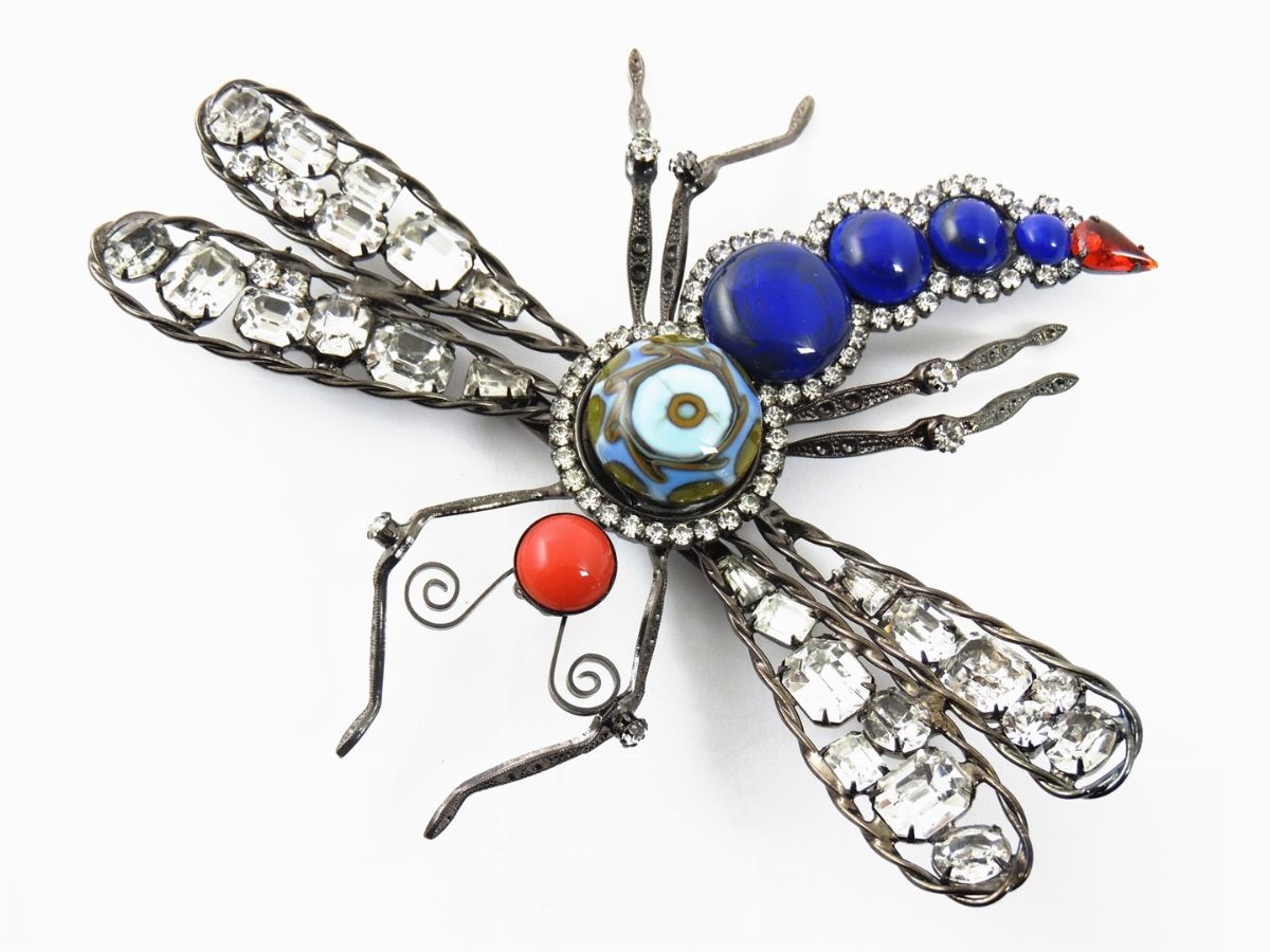 Spilla Animalier in Metallo Brunito, Strass e Cabochon in Vetro, Moans Couture