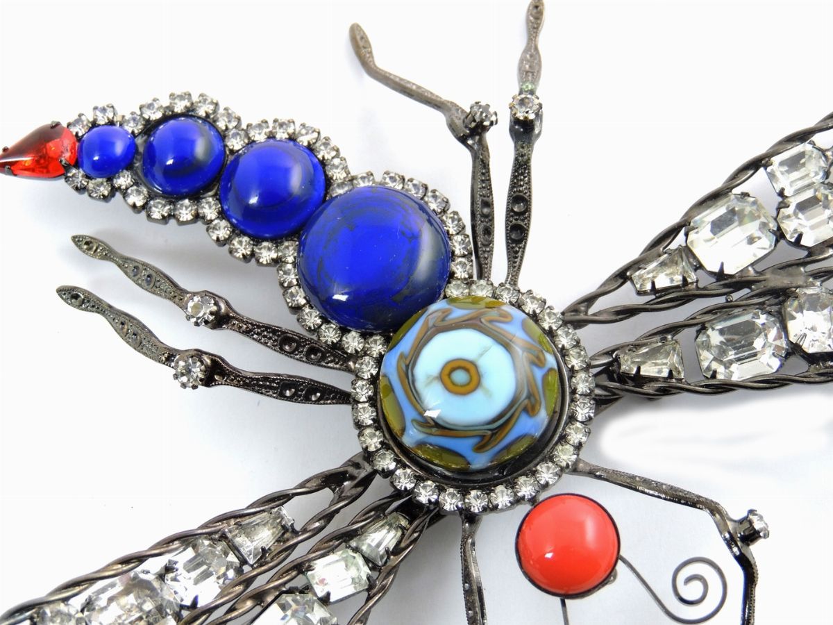 Spilla Animalier in Metallo Brunito, Strass e Cabochon in Vetro, Moans Couture