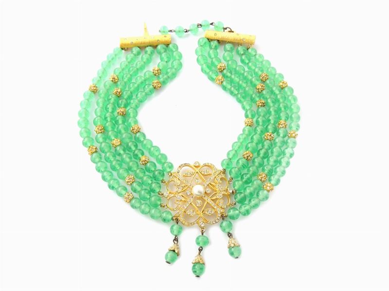 Collana in Vetro Verde e Metallo Dorato, De Nicola