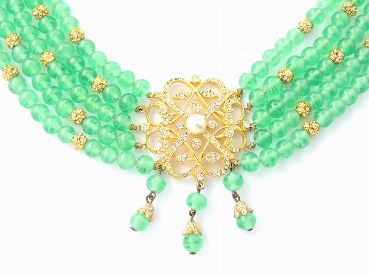 Collana in Vetro Verde e Metallo Dorato, De Nicola