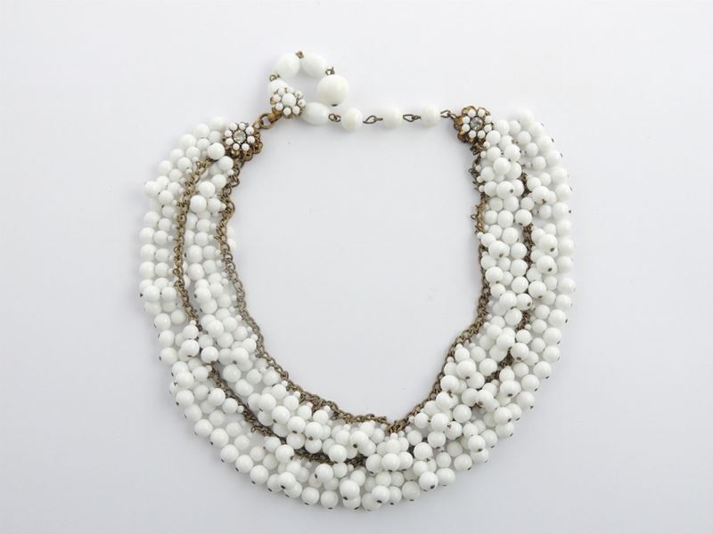 Parure in Metallo Dorato e Vetro Bianco, Miriam Haskell
