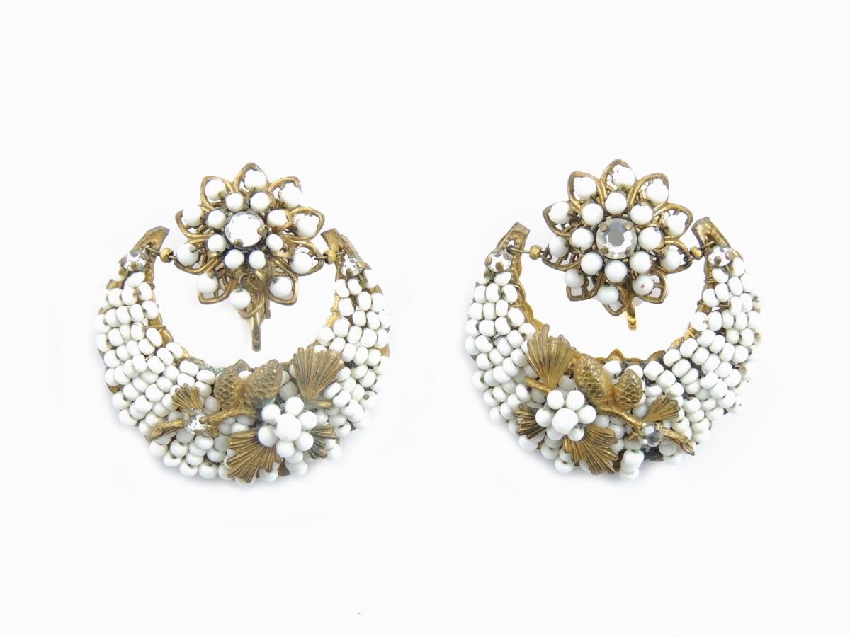 Parure in Metallo Dorato e Vetro Bianco, Miriam Haskell