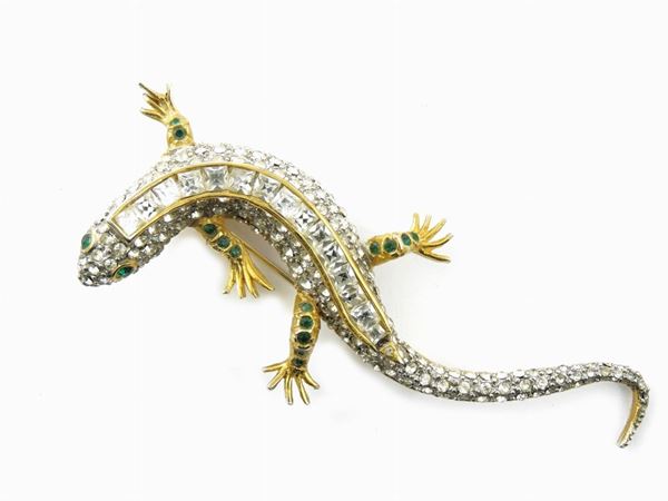 Lizard goldtone metal and rhinestones brooch, Maresco