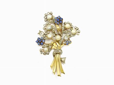 Spilla in Oro Giallo e Bianco, Diamanti, Perle Probabilmente Naturali e Zaffiri