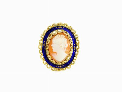 Anello in Oro Giallo, Smalto Blu e Cammeo in Conchiglia