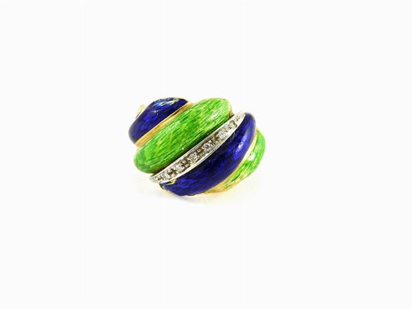 Yellow gold ring with diamonds and multicoloured enamels