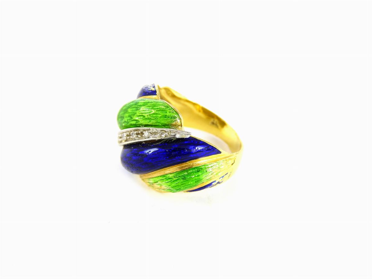 Anello in Oro Giallo, Diamanti e Smalti Policromi