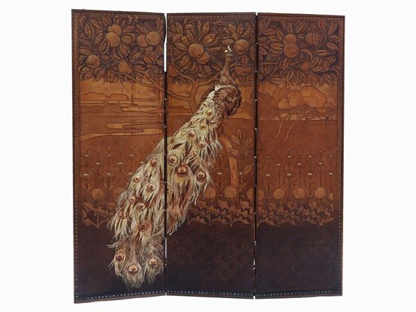 An Embossed Leather Three Fold Screen