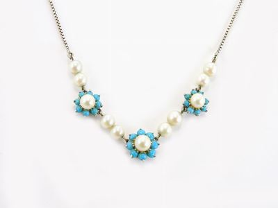 Girocollo in Oro Bianco a Maglia Veneziana con Perle Coltivate Akoya e Turchesi