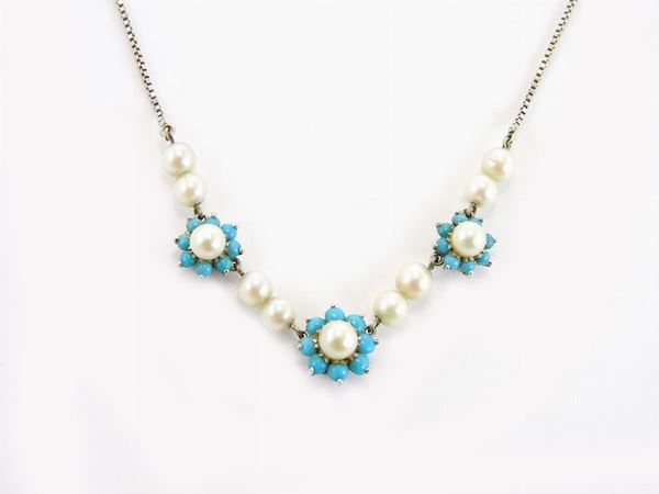 White gold box links necklace with Akoya cultured pearls and turquoises