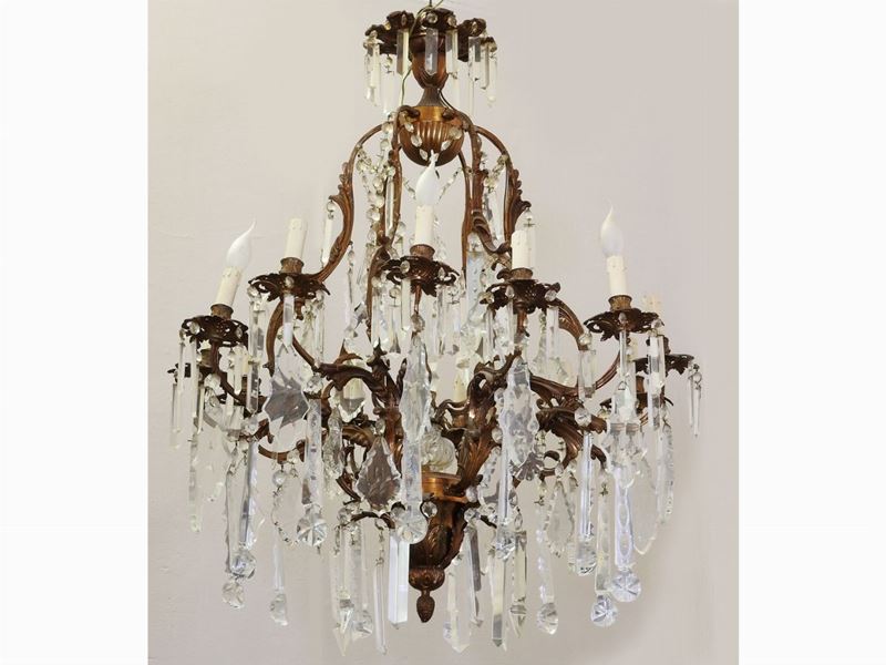 Lampadario in Metallo Dorato e Cristallo