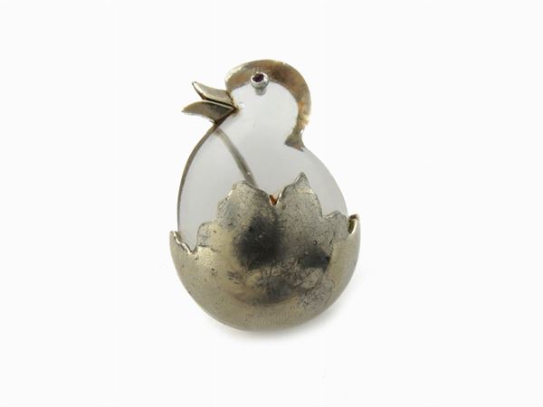 Hatching chick in egg figural jelly belly pin brooch with gold wash and rhinestone jewel eye
