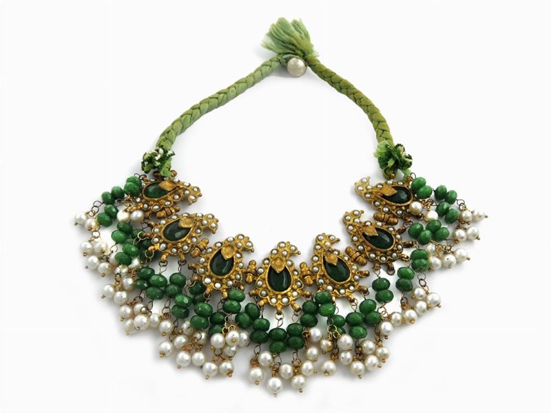 Parure in Metallo Dorato, Perle Keshi e Agate Verdi