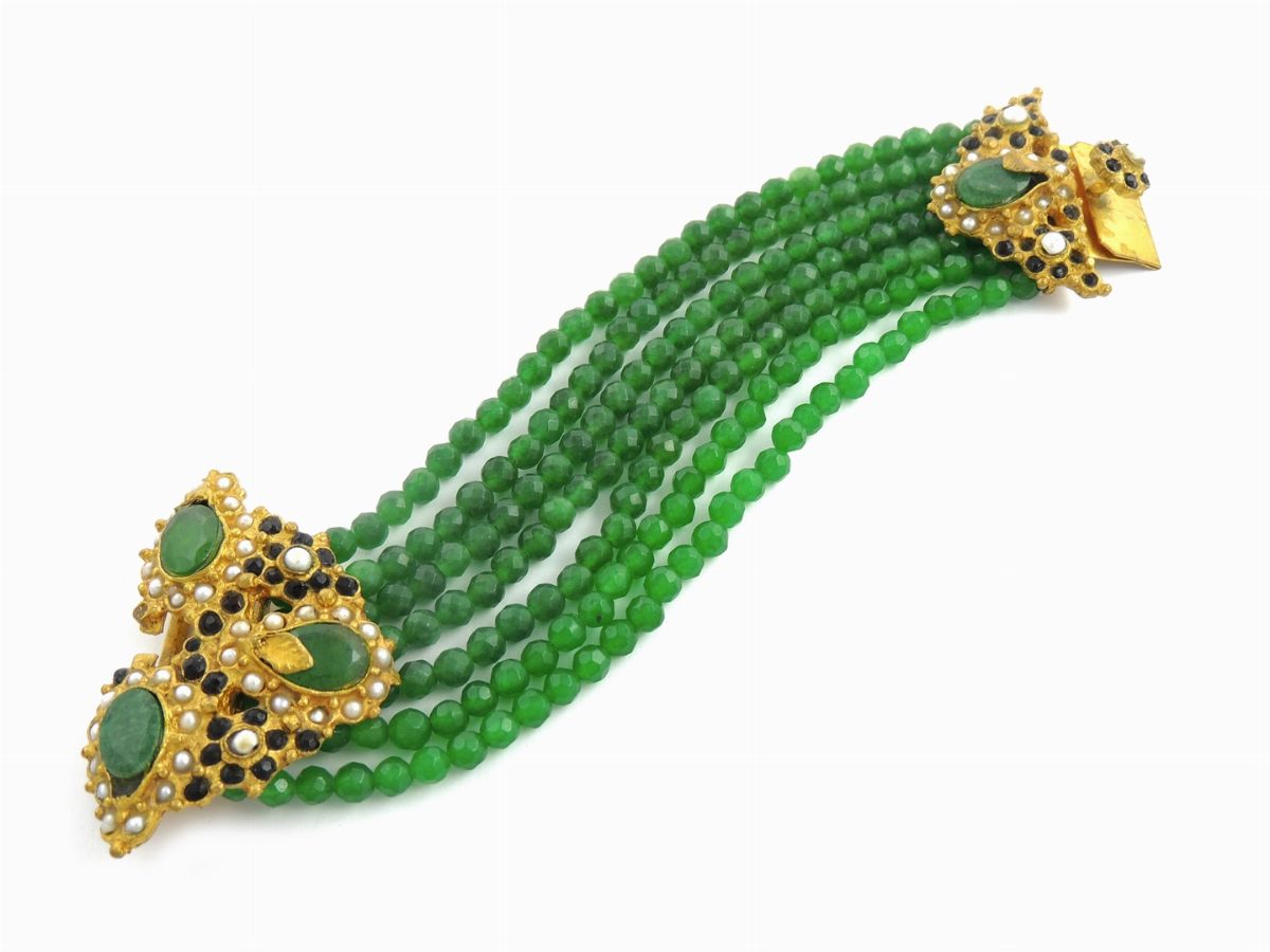 Parure in Metallo Dorato, Perle Keshi e Agate Verdi