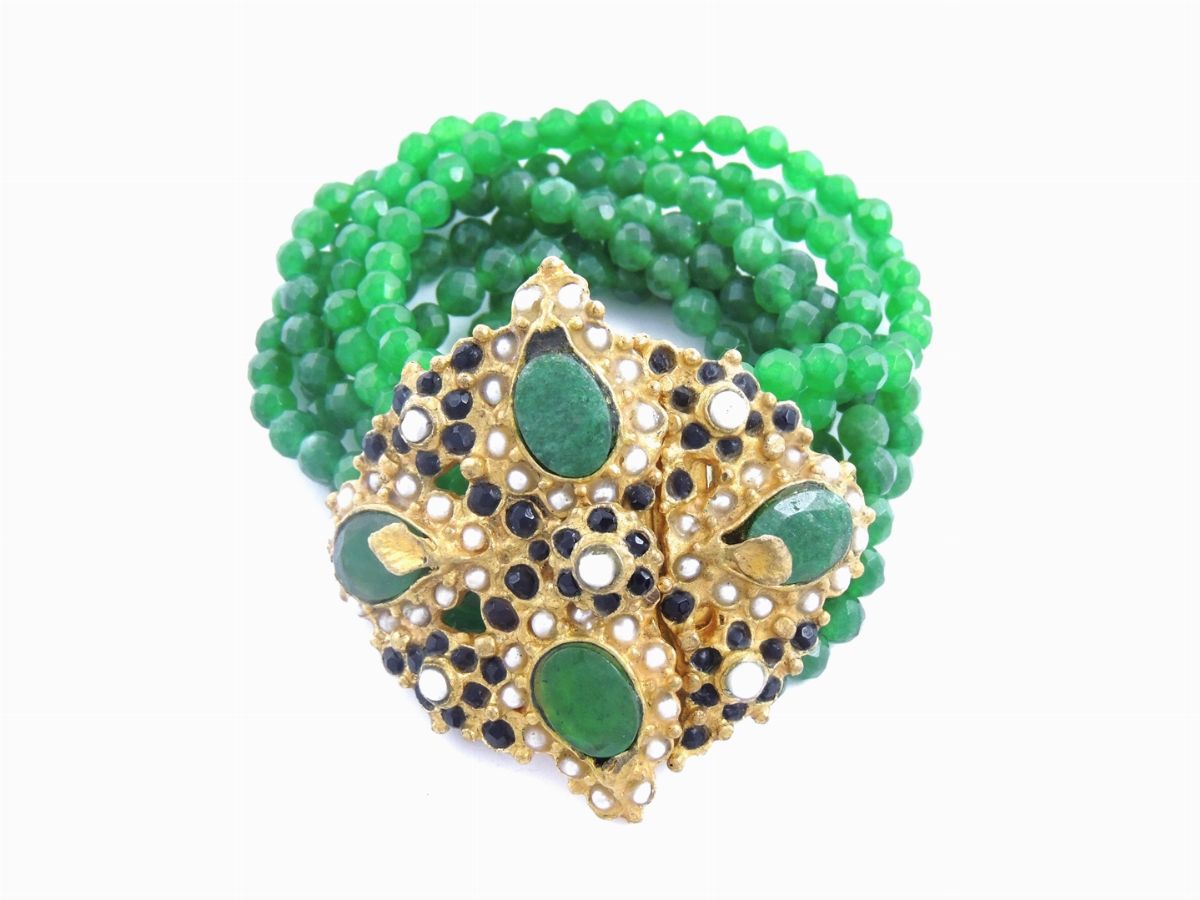 Parure in Metallo Dorato, Perle Keshi e Agate Verdi