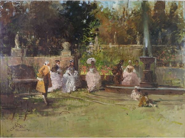 Sergio Cirno Bissi : View of a Garden with Figures in 18th Century Clothes  ((1902-1987))  - Auction Modern and Contemporary Art - III - Maison Bibelot - Casa d'Aste Firenze - Milano