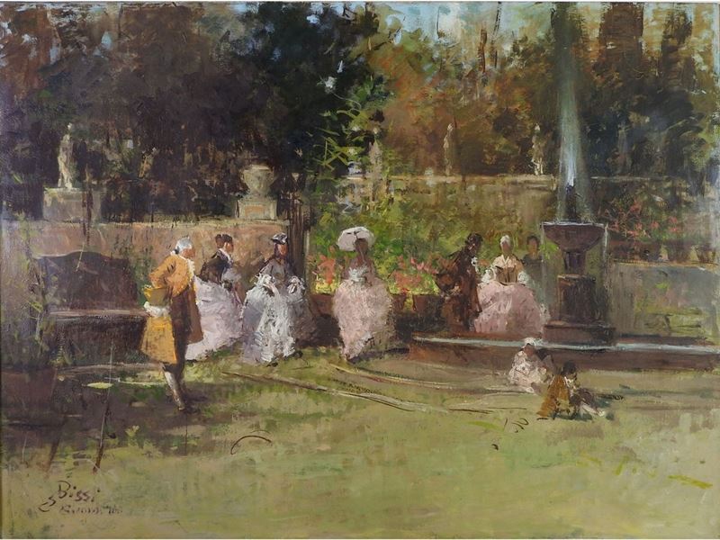 Sergio Cirno Bissi - Scorcio di Giardino con Personaggi in Abiti Settecenteschi