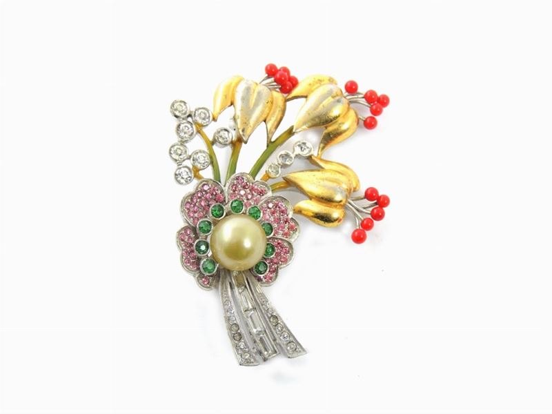 Spilla Floreale, in Metallo Argentato e Dorato, Smalto, Strass e Vetro, Pennino