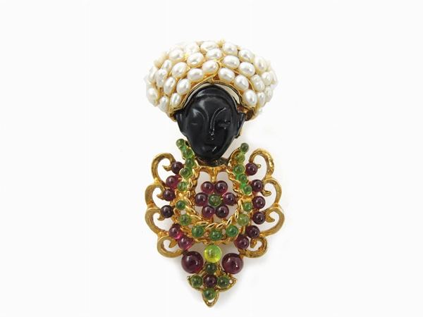 Glass and pearls blackamoor african lady brooch