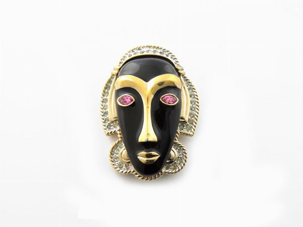 Goldtone metal and enamel face mask brooch/pendant with rhinestones and crystal eyes, Panetta